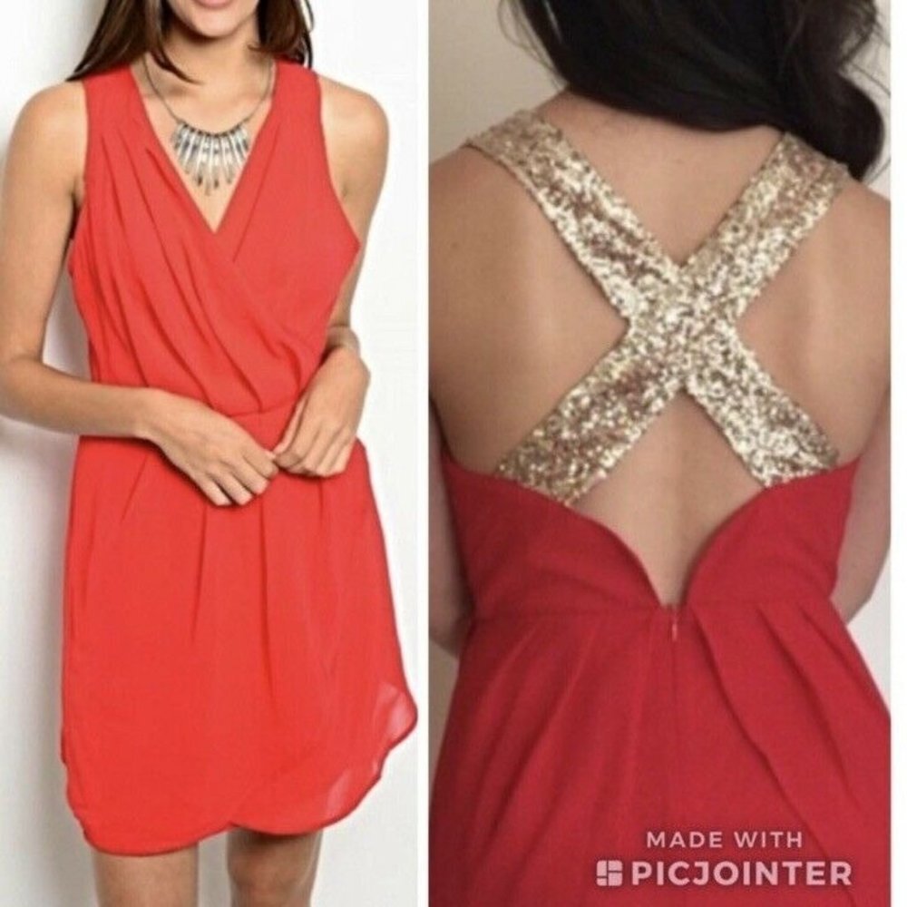 CALS Dress Chiffon Red Mini Sleeveless Cocktail Gold Sequin Dress Criss Cross
